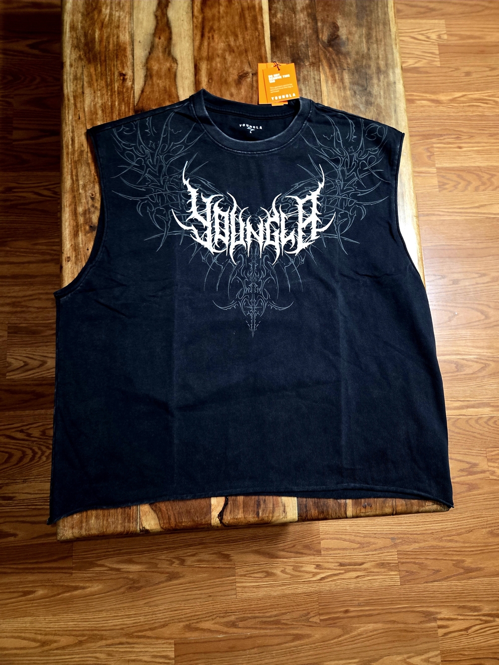 YoungLA Men's Embroidered Sleeveless Black Wash Muscle Tee. Size Large